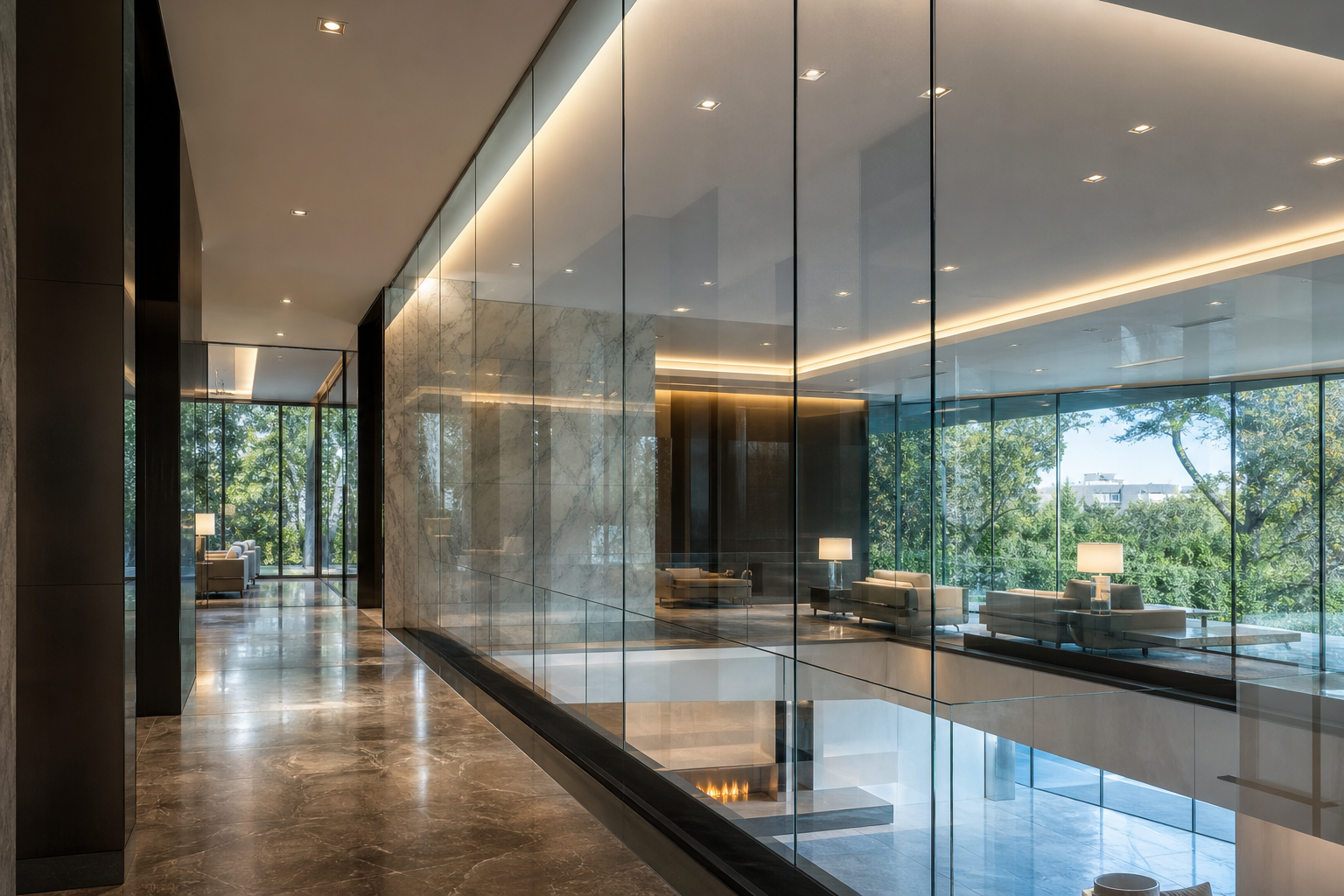 Modern interior with decorative laminated glass feature wall in a residential or commercial setting
