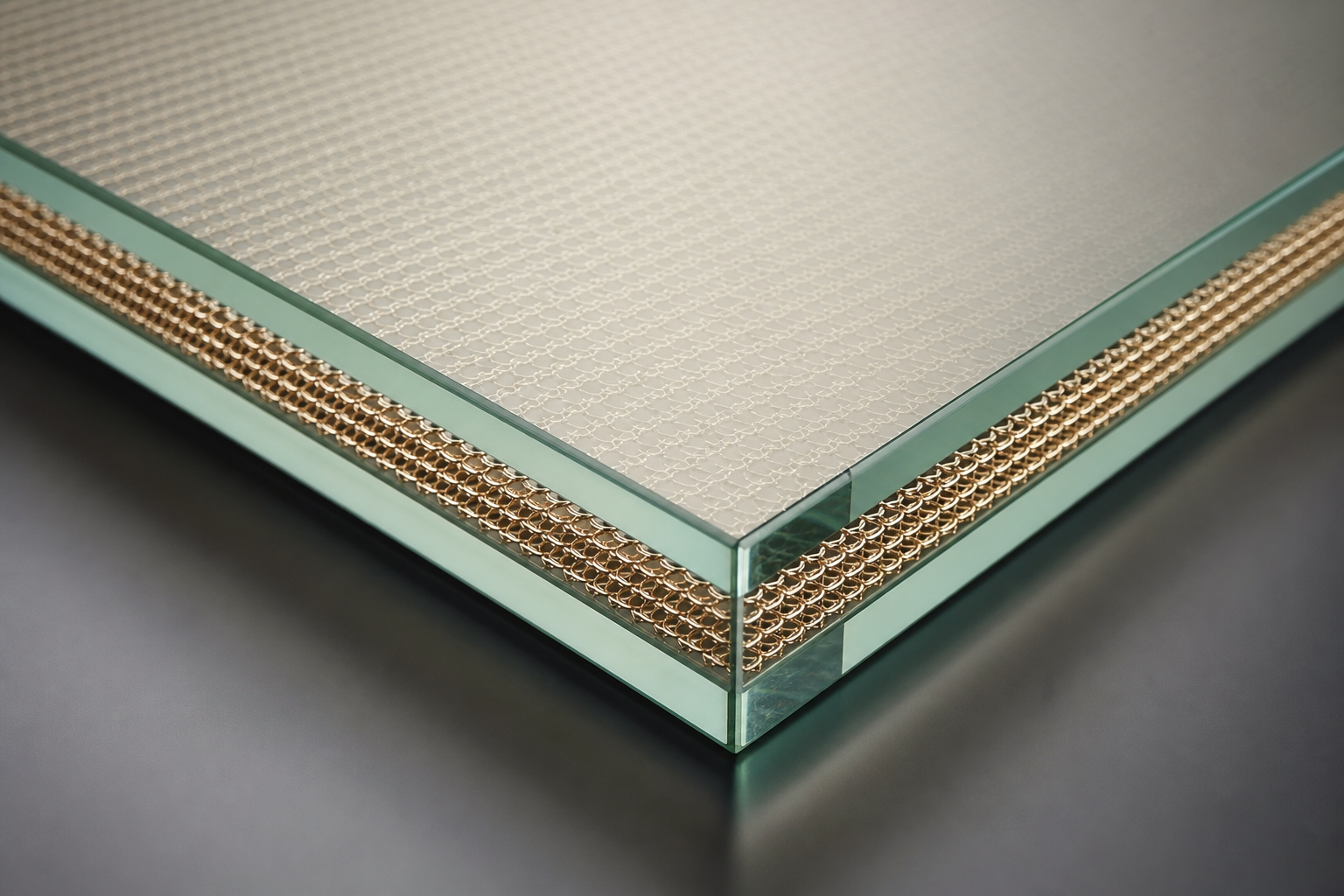 Architectural glass with fine embedded mesh interlayer visible in the laminate