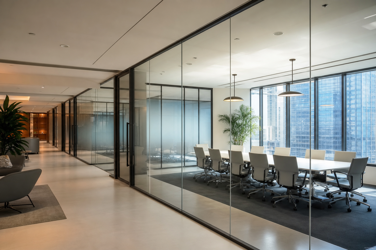 Contemporary office with laminated switchable privacy glass partition