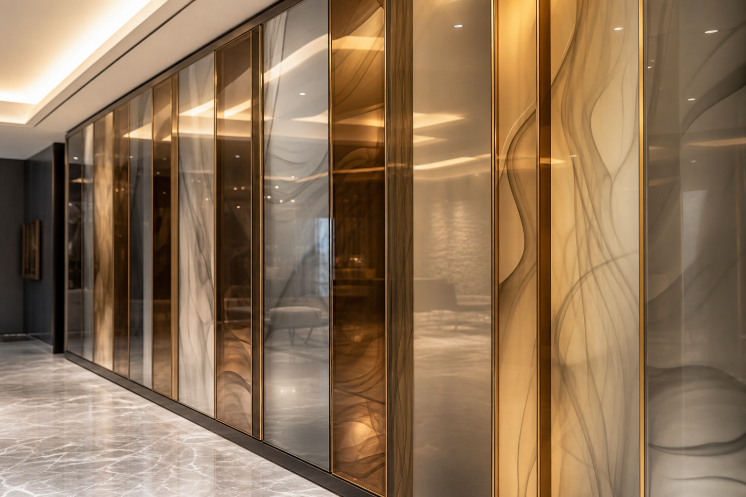 Coloured laminated architectural glass panels with light passing through stacked layers