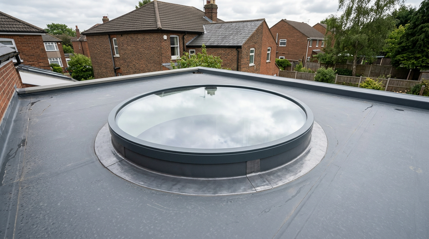 Circular structural rooflight on a flat modern roof