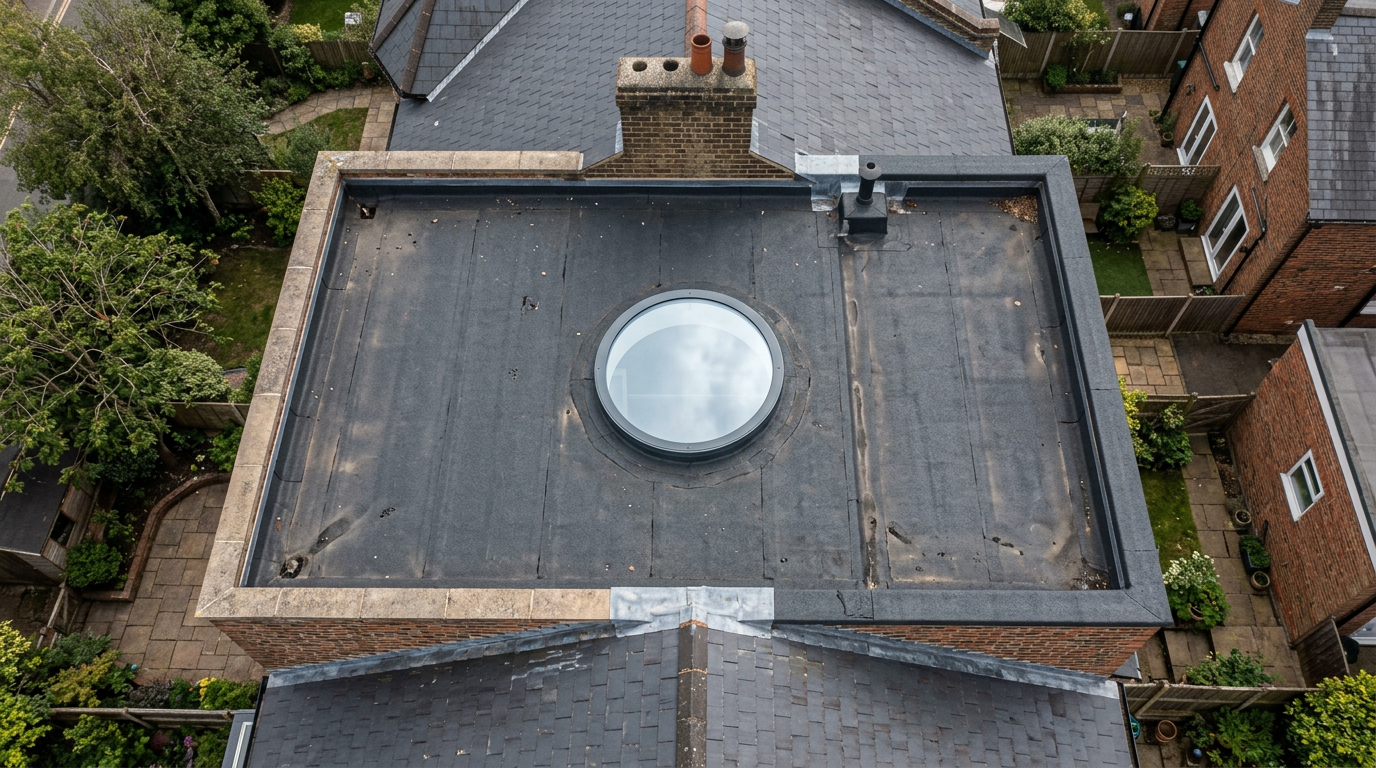 Top-down photograph of circular rooflight on flat roof showing geometry and flashing