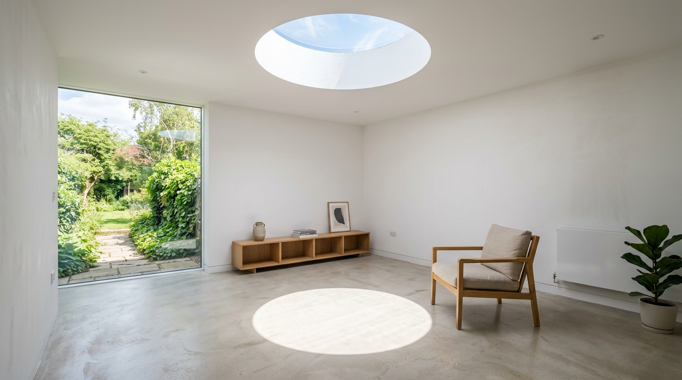 Modern UK interior with circular daylight patch from round skylight above