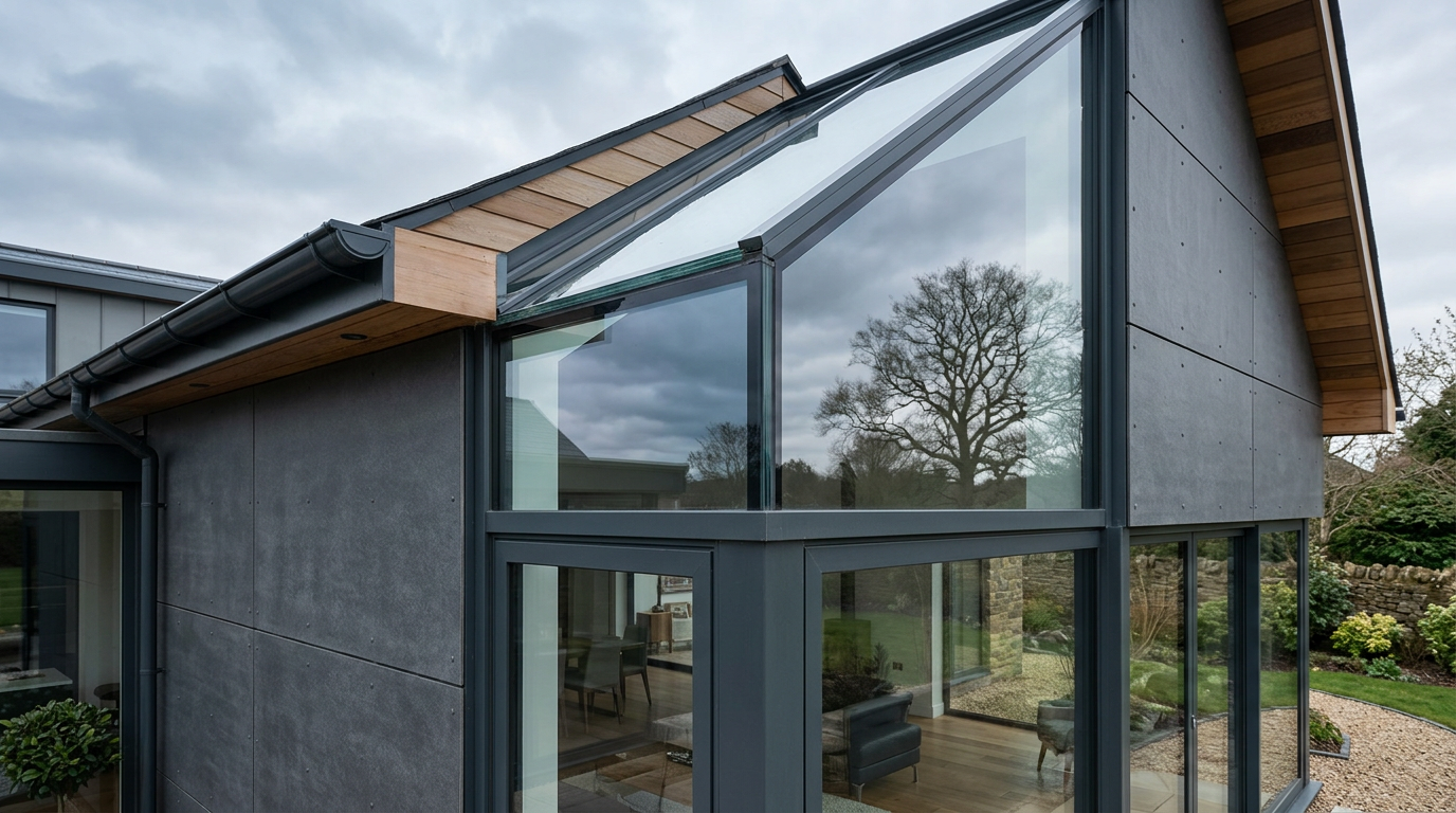 Eave rooflight detail where roof glazing meets vertical glazing