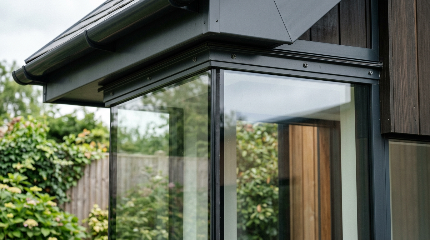 Glass-to-glass corner detail at eaves junction with slim aluminium framing