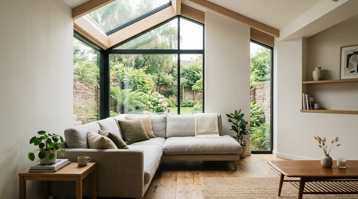 Interior view of corner daylight from eave rooflight and façade glazing in a UK living room