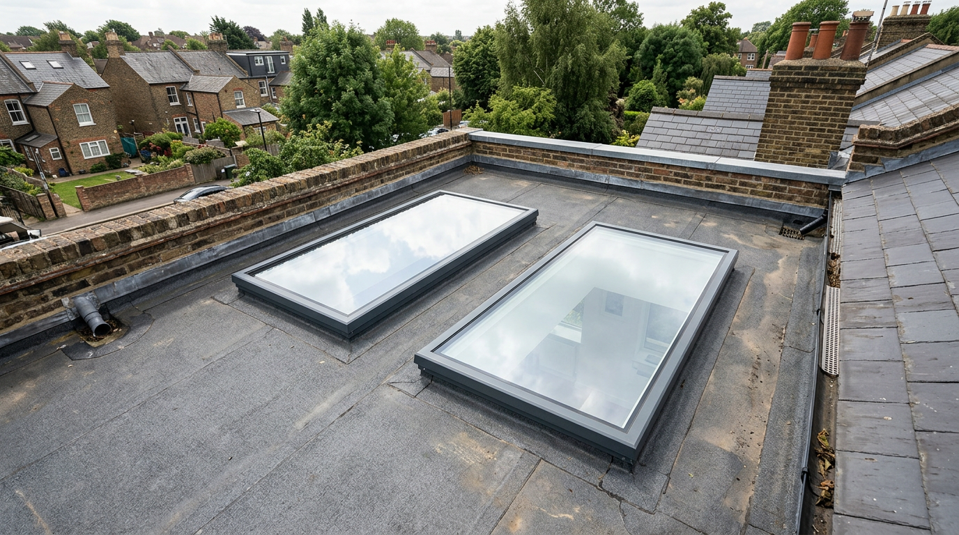 Top-down view of flat glass skylights on a UK flat roof, correct scale and joints