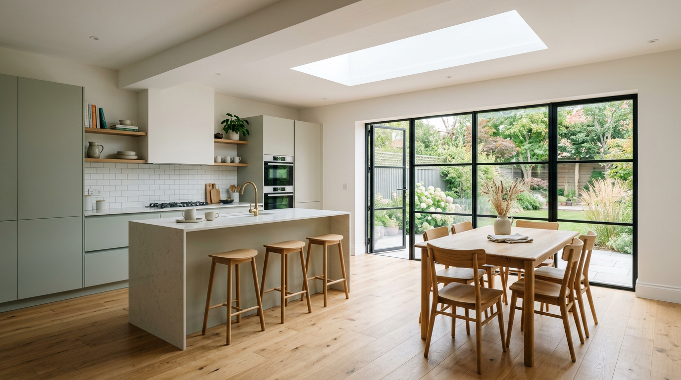 Interior of modern UK kitchen extension with daylight through a flat rooflight above