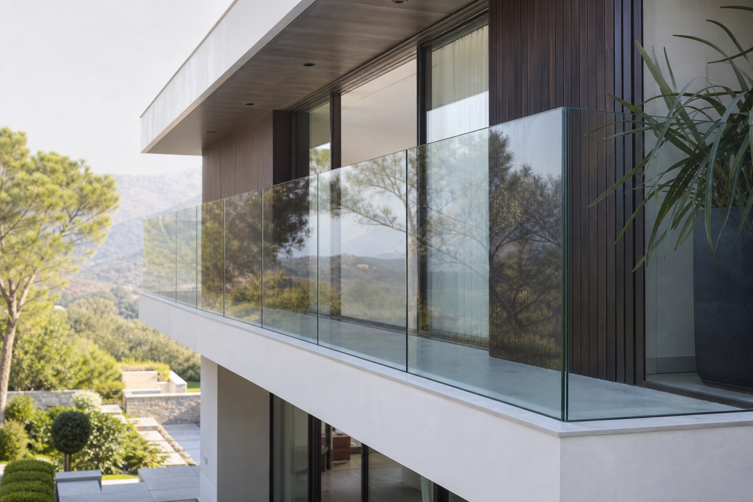 Outdoor terrace with frameless glass railing overlooking garden, realistic reflections