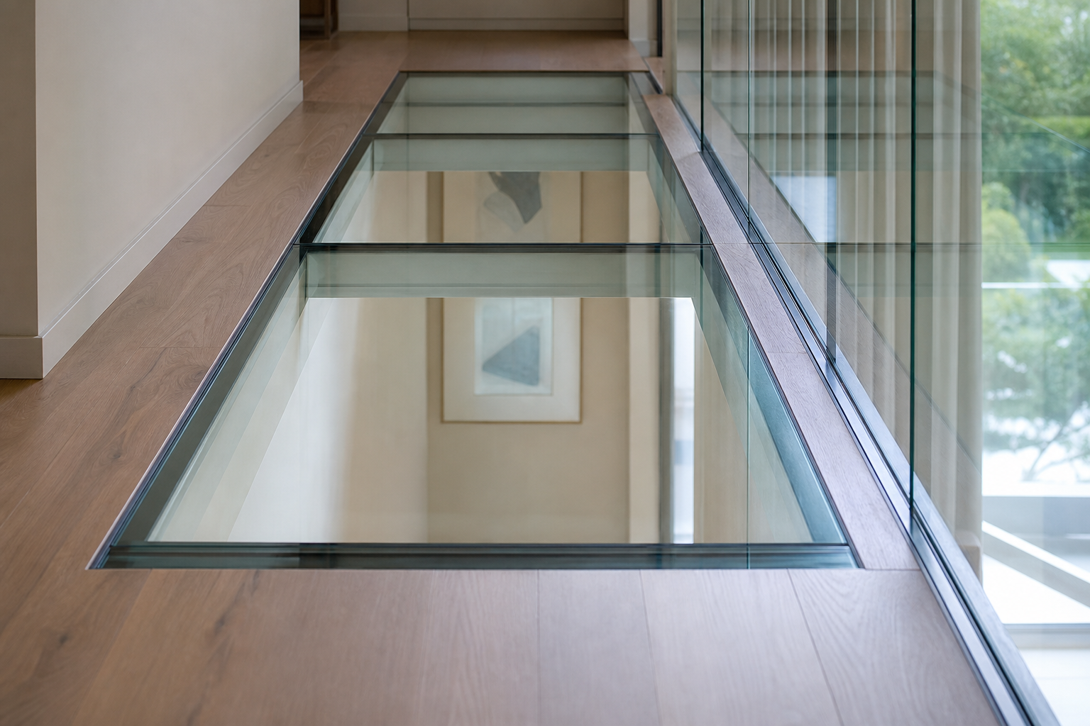 People walking on exterior walk-on glass floor, visible room below, realistic reflections