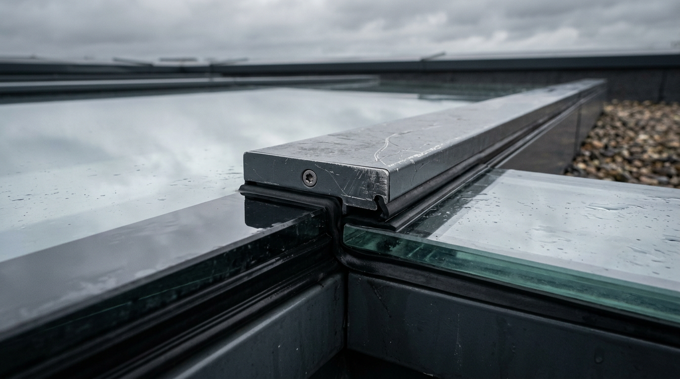 Close detail of joints between aligned modular roof glass panels and aluminium caps