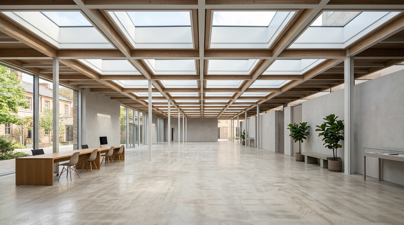 Interior under a modular rooflight grid with even daylight in a contemporary open plan space