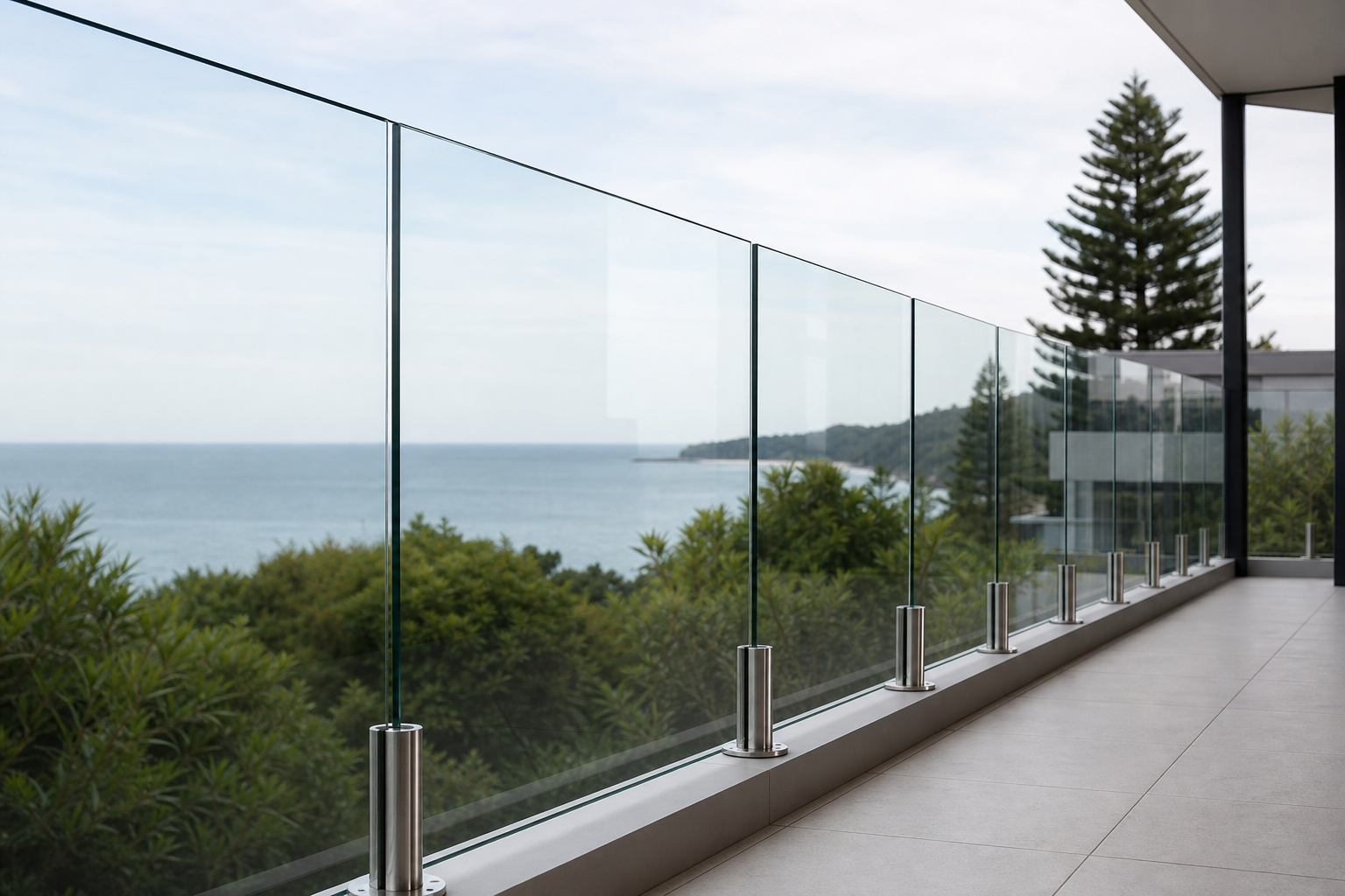 Glass balustrade with stainless steel round posts