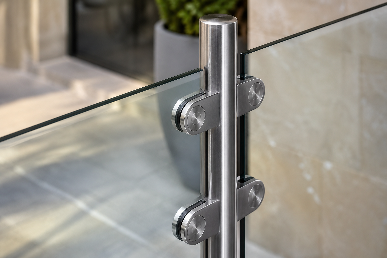 Detail of round post clamps holding glass panel on external terrace