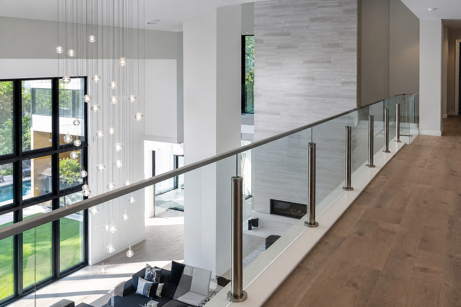 Glass stair balustrade with round posts in a contemporary UK interior