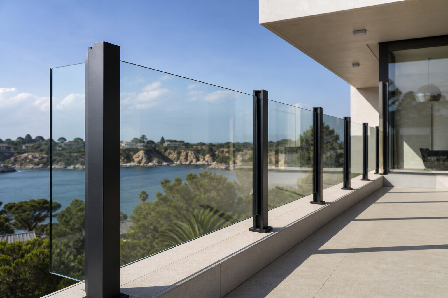 Glass balustrade with square metal posts