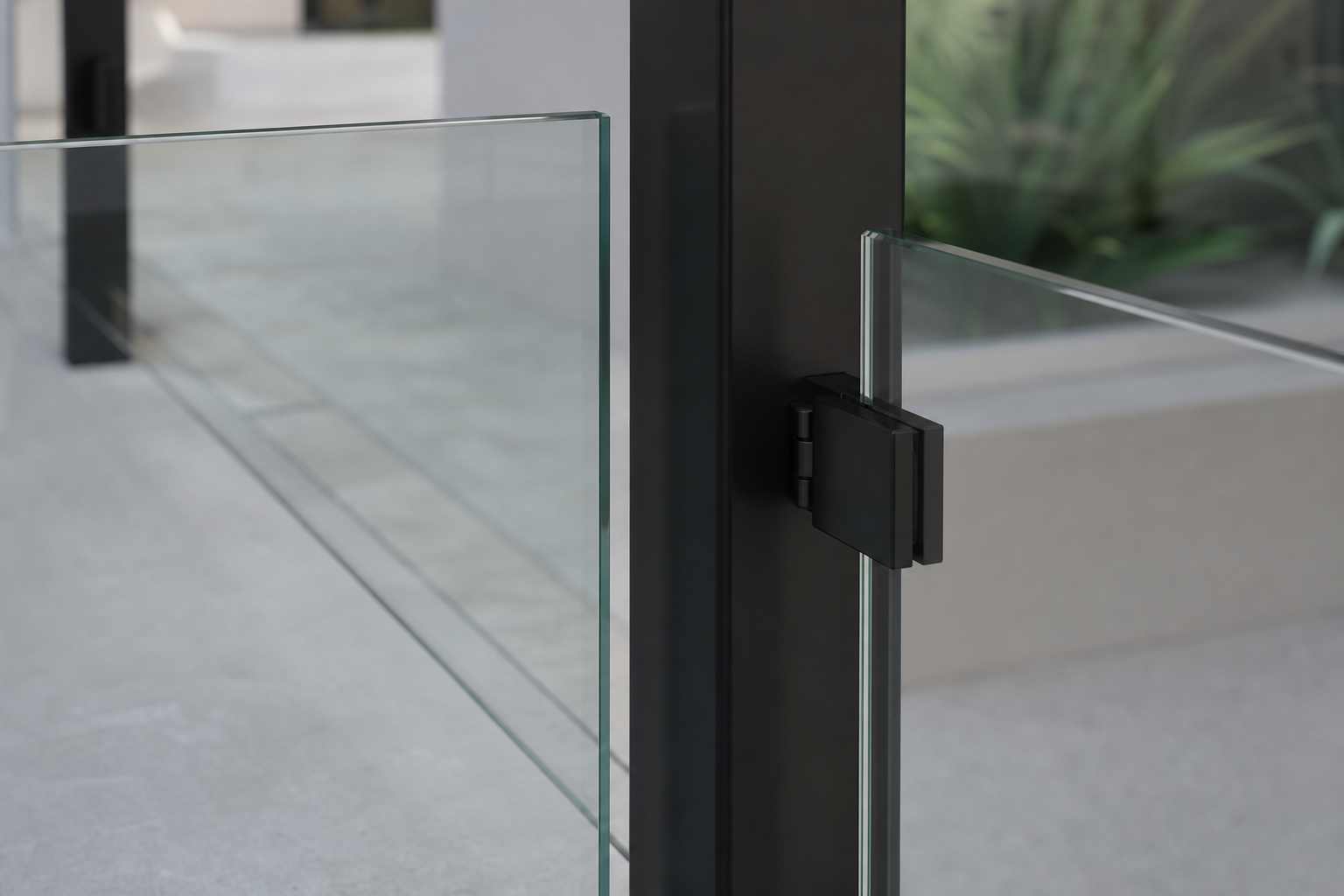 Close-up of square post and glass joint on external balustrade line