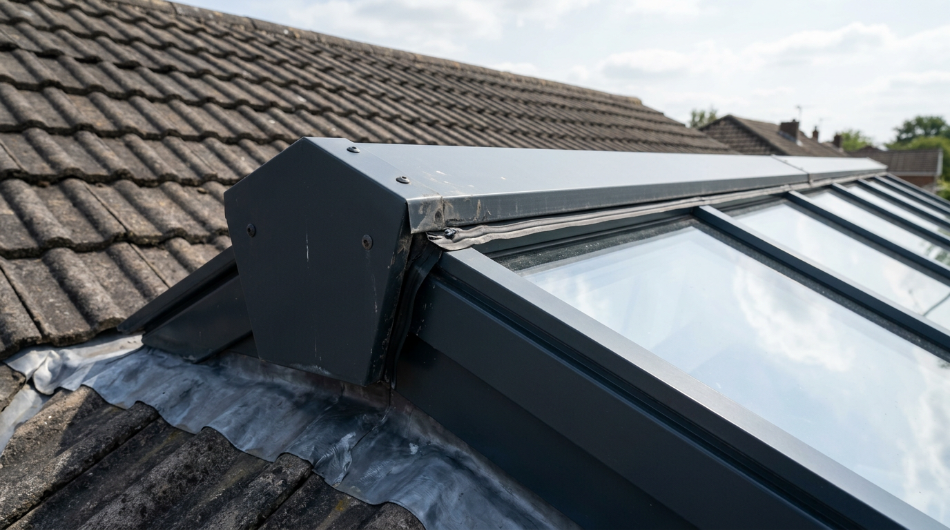 Closer architectural photograph along a ridge rooflight with slate or tile roof