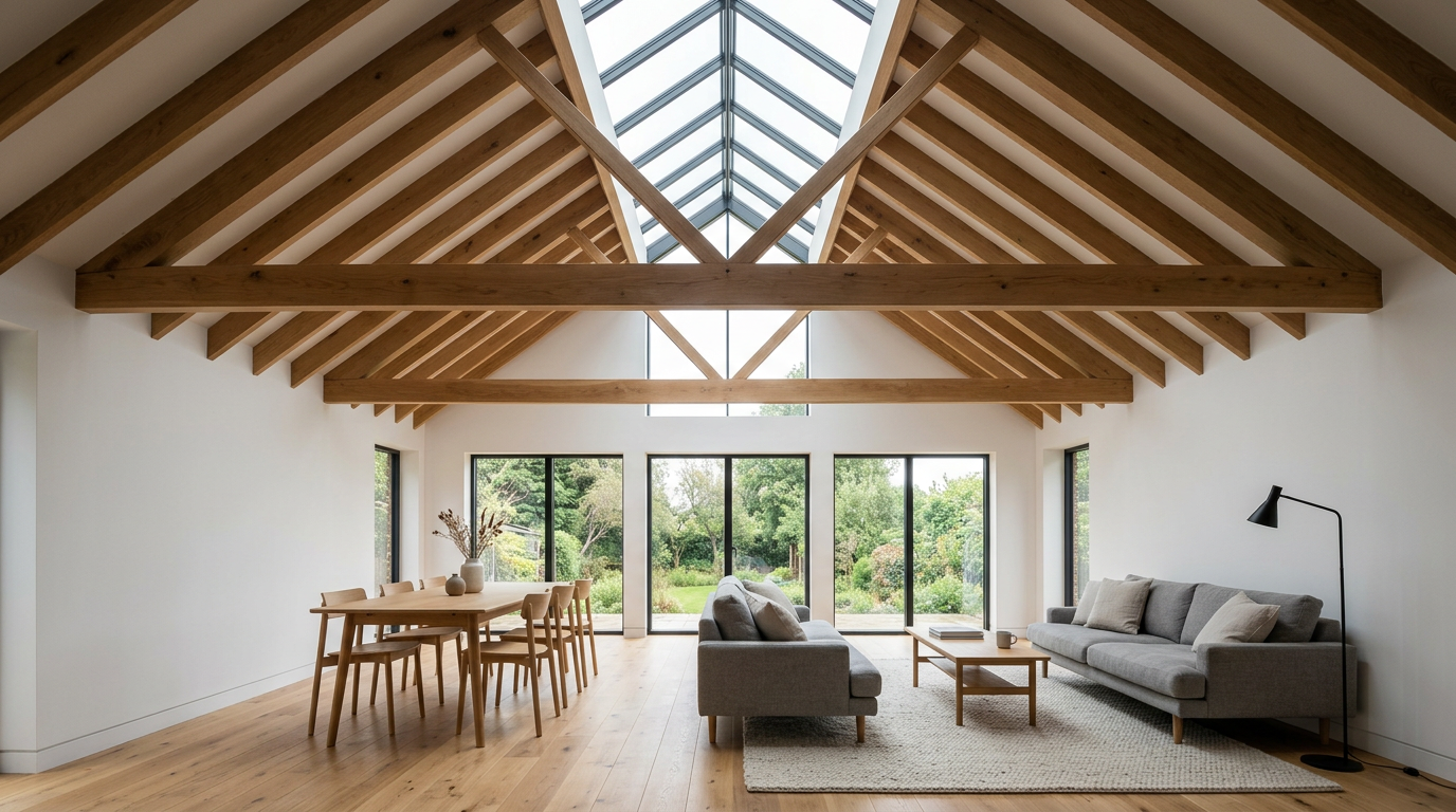 Interior vaulted space with daylight from ridge skylight above, natural shadows