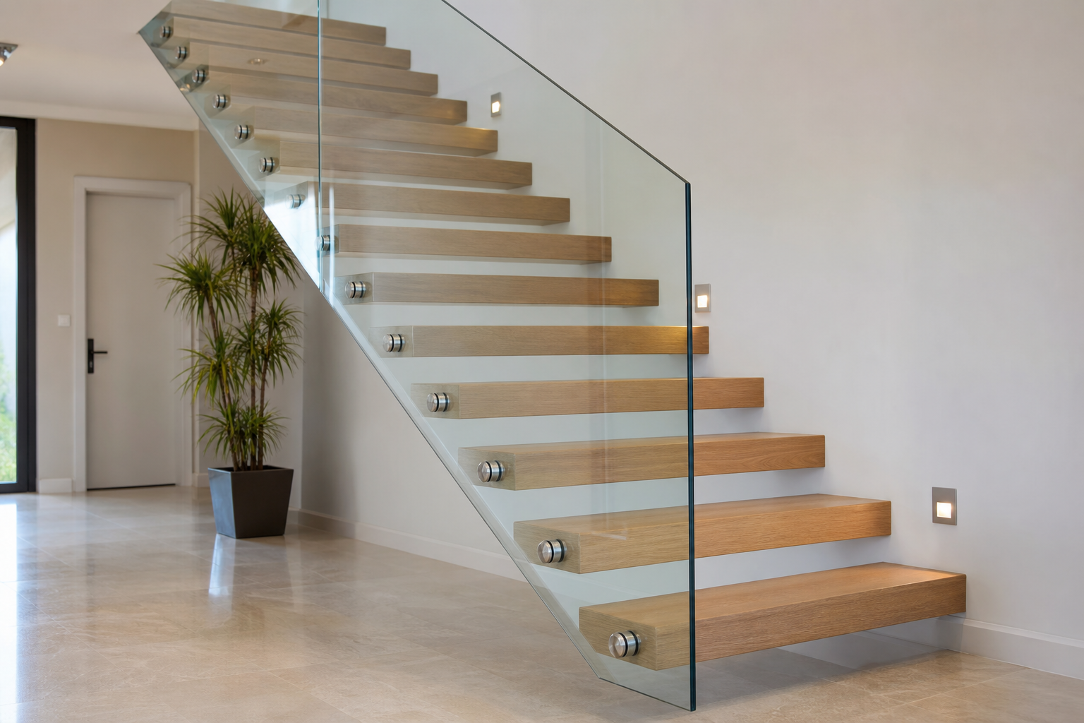 Side-fixed glass guarding on landing with daylight from window, minimal clutter