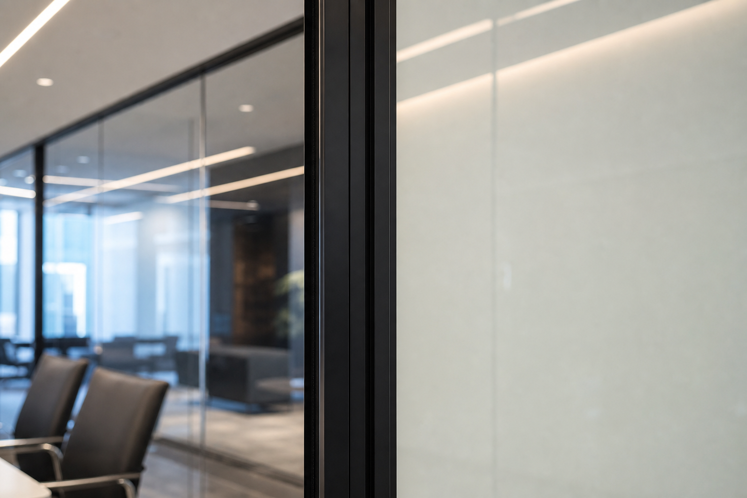 Vertical joint detail between two switchable glass modules in meeting suite