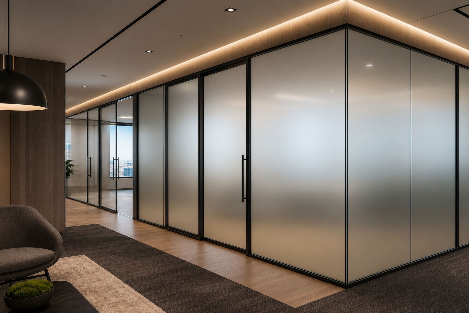 Smart glass partition frosted for private meeting in same corporate interior