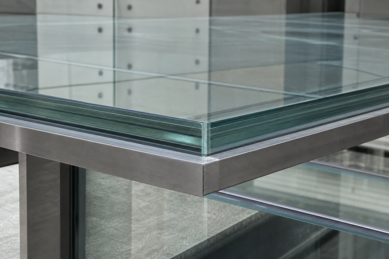 Close-up of thick laminated structural glass floor edge and bearing detail