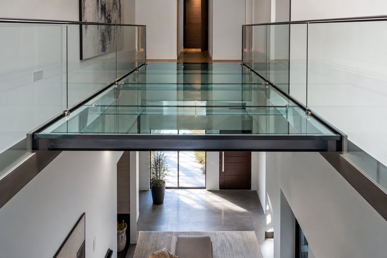 View from below through structural glass floor showing realistic refraction and light