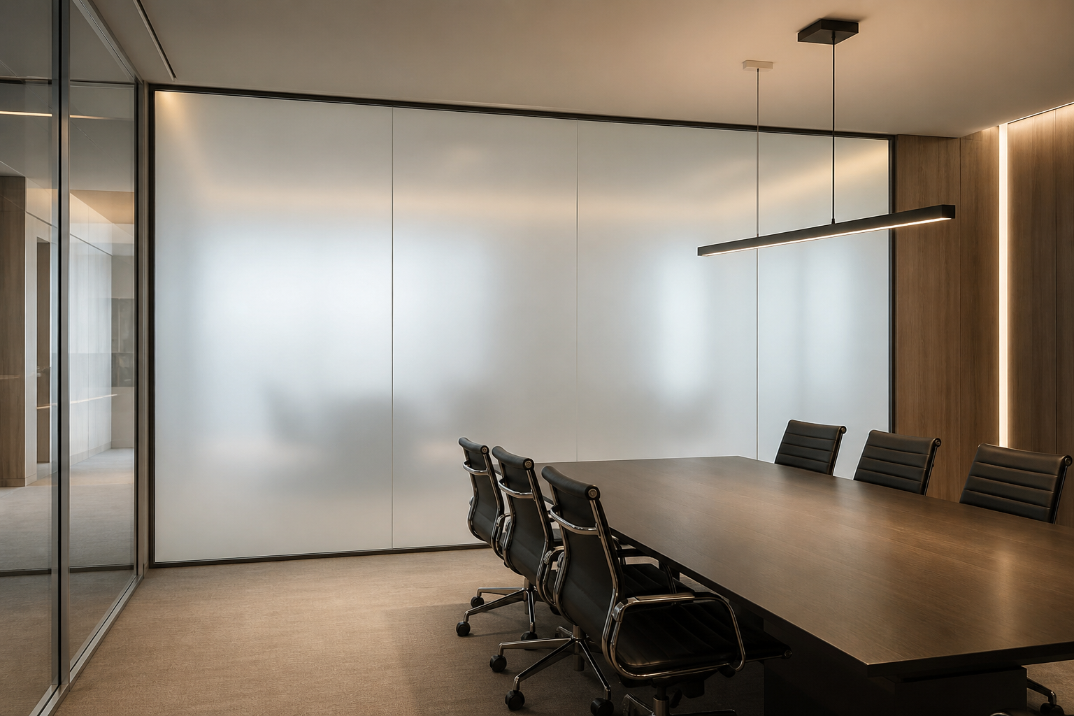 Same office smart glass partition with frosted privacy mode, realistic glass