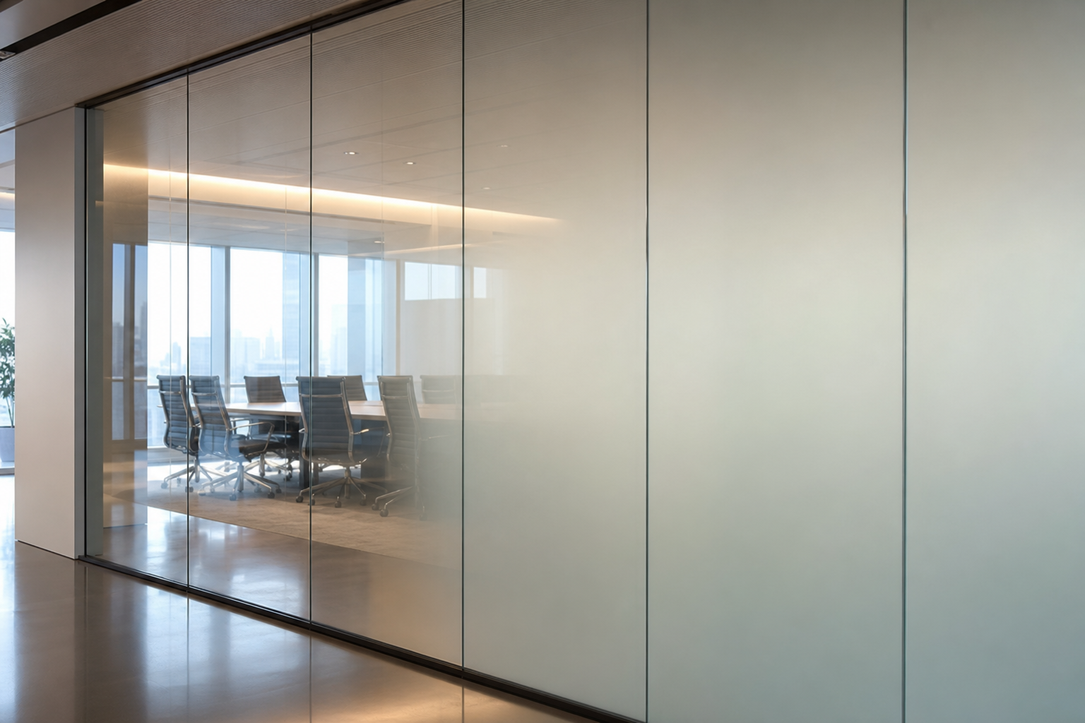 Split-view style single photograph of smart glass office wall clear versus frosted