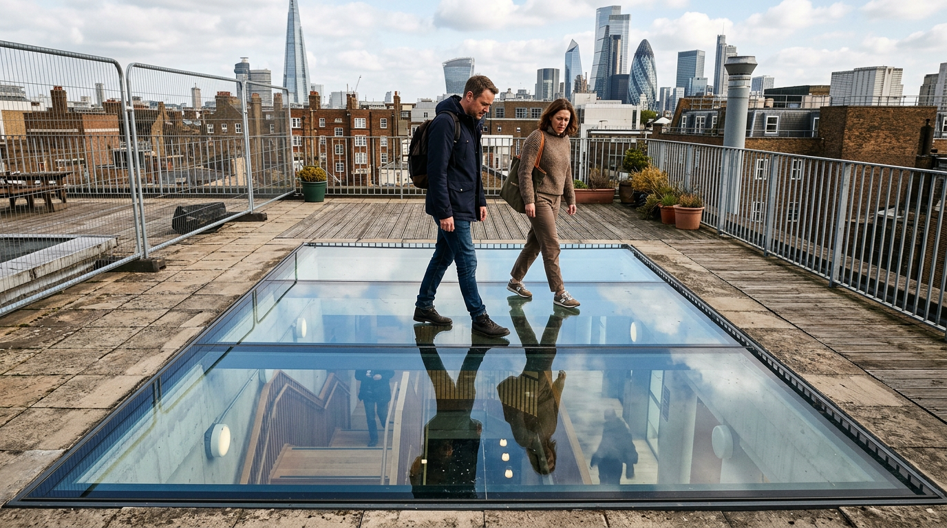 People walking on exterior walk-on glass rooflight with visible space below