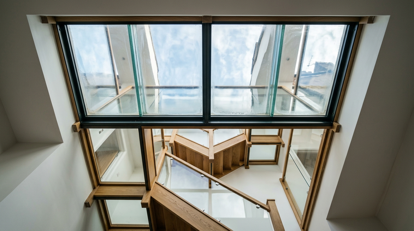 Interior looking up at walk-on rooflight with daylight and realistic glass thickness