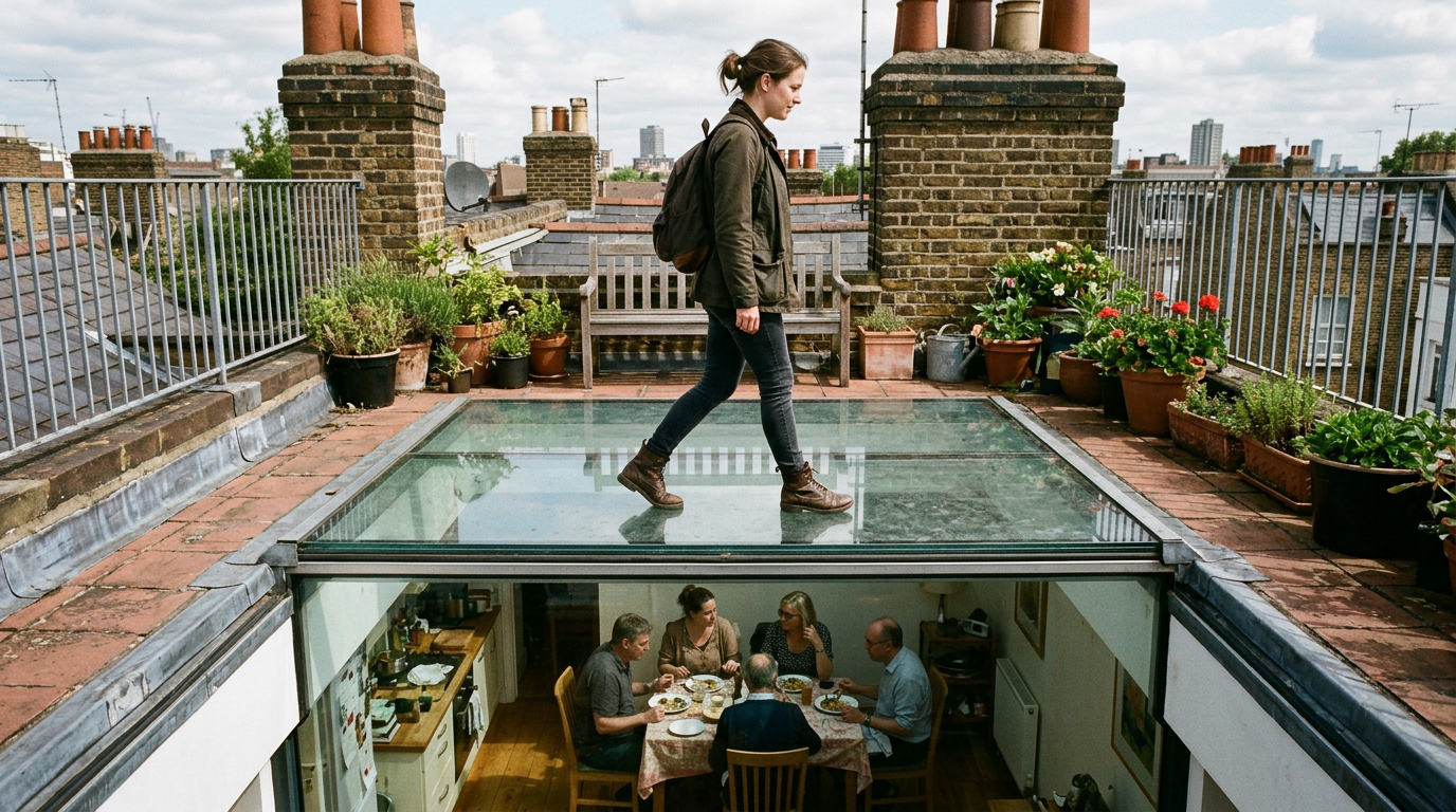 Terrace walk-on glass with people walking, daylight to space below