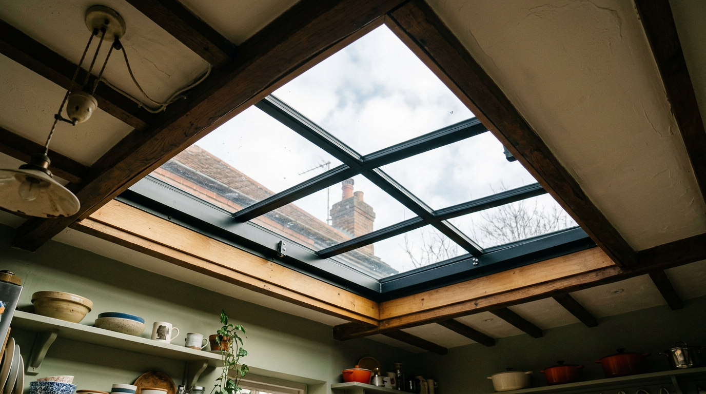 Interior view looking up at walk-on rooflight from kitchen or stair below
